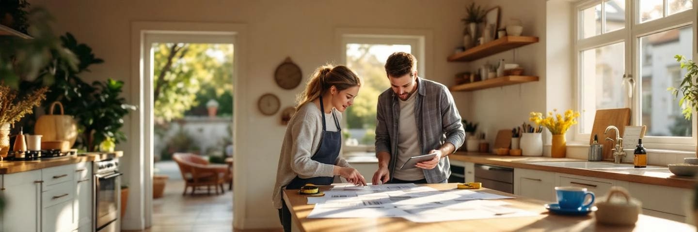 Agent et propriétaire évaluant une maison autour d'un plan et diagnostics, intérieur lumineux et soigné.