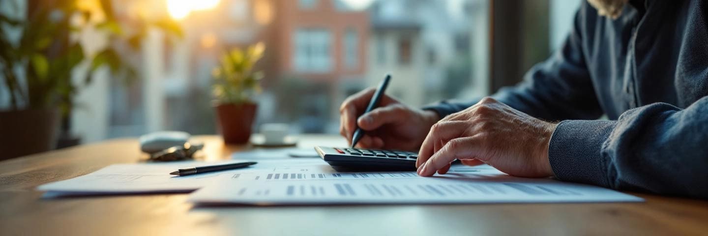 Propriétaire calculant la révision du loyer au bureau, contrat et immeuble en arrière plan