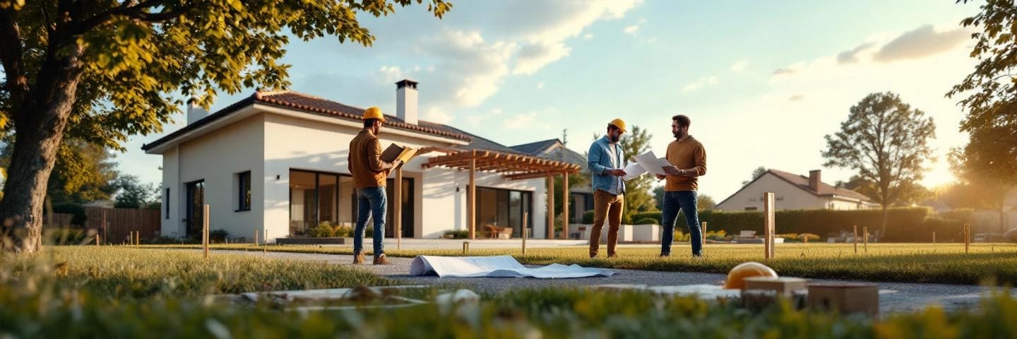 Vue panoramique d'un propriétaire avec géomètres mesurant l'emprise au sol d'une maison avec plans et mètre.