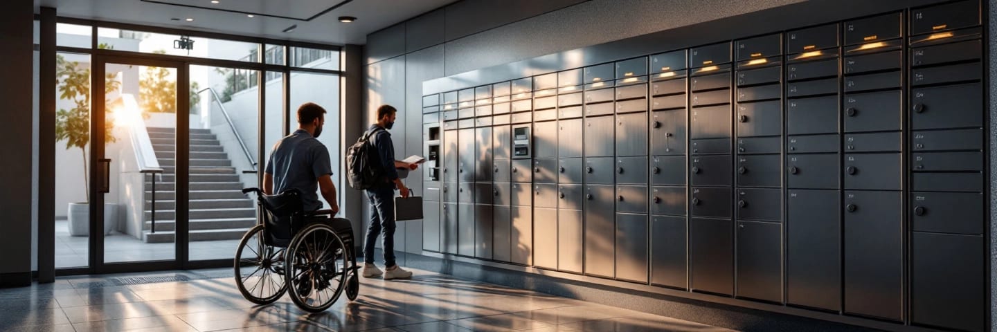 Hall d'immeuble avec nouveau bloc de boîtes alu accessible PMR, personne en fauteuil et facteur.