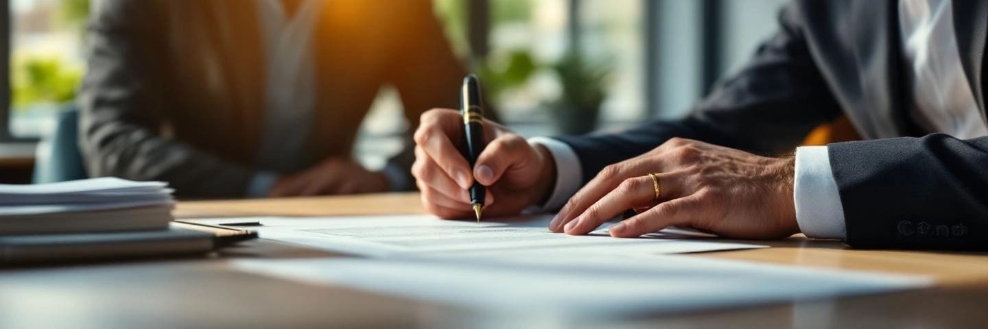 Couple signant un prêt immobilier dans un bureau de courtage moderne, mains et documents en focus