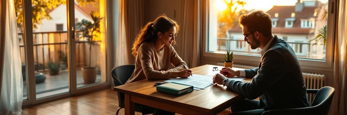 Femme signant un crédit‑relais dans un appartement lyonnais baigné de lumière dorée