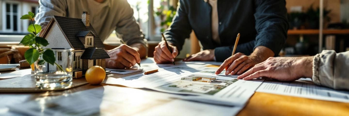 Architecte et propriétaire examinant un dossier DP sur une table devant une maison, lumière du matin.