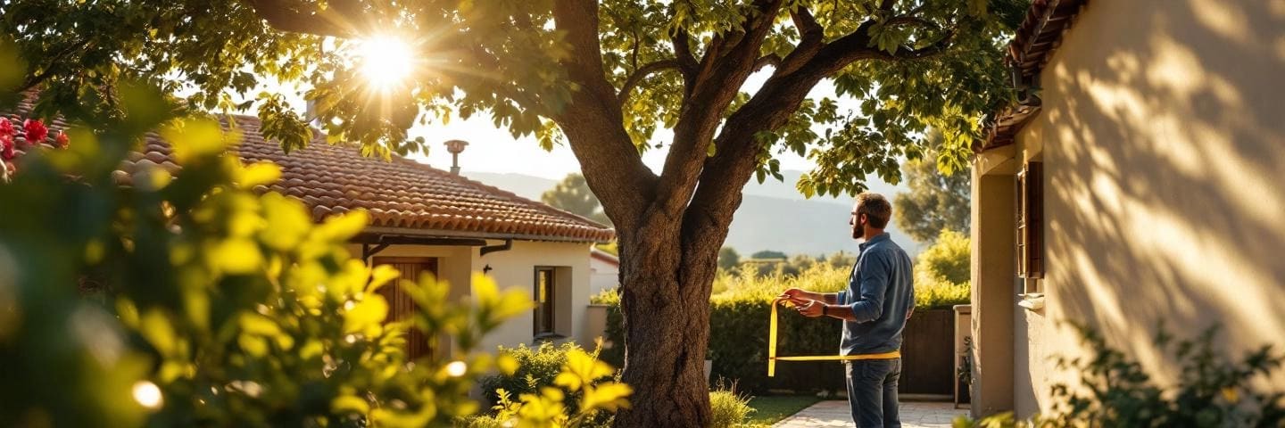 Jardin méditerranéen ombragé par un grand arbre, personne mesurant la distance près d'une maison à tuiles.