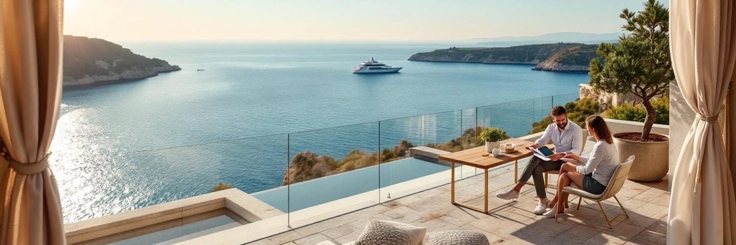 Agent et client sur terrasse d'une villa de prestige face à la Méditerranée au coucher de soleil
