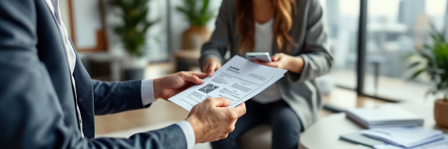 Agent immobilier tenant un DPE avec QR code scanné par un smartphone dans un séjour lumineux.