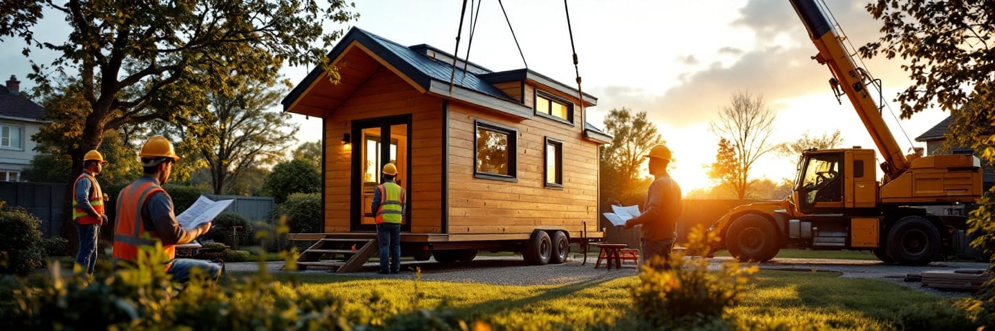 Module tiny house posé dans un jardin au lever de soleil, ouvrier et propriétaire observant l'installation.