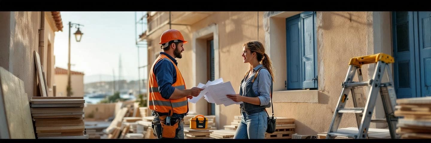 Artisan et propriétaire discutent d'une rénovation devant une façade varoise, matériaux et échelle visibles.