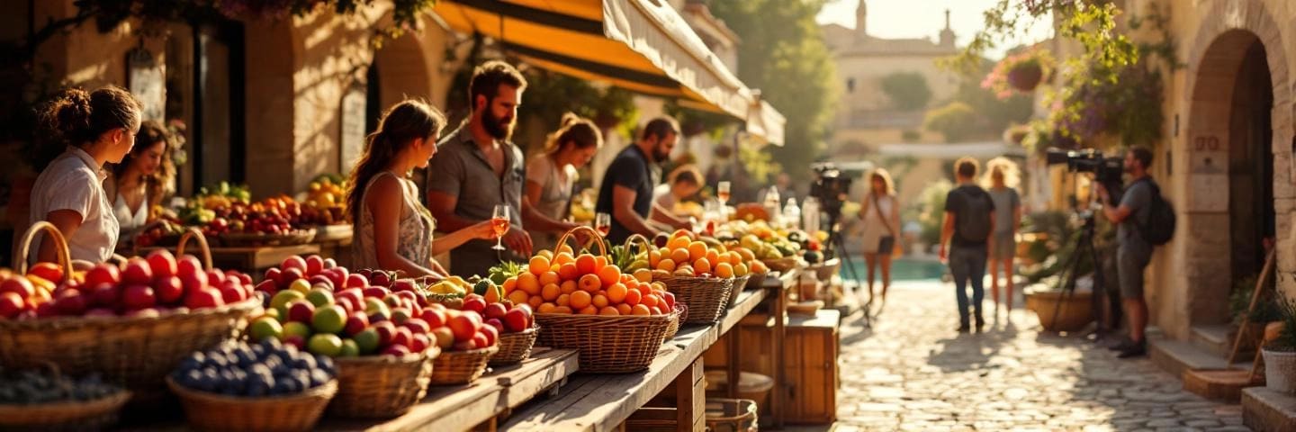 Présentateur itinérant au marché provençal d'Uzès, équipe de tournage en arrière-plan.