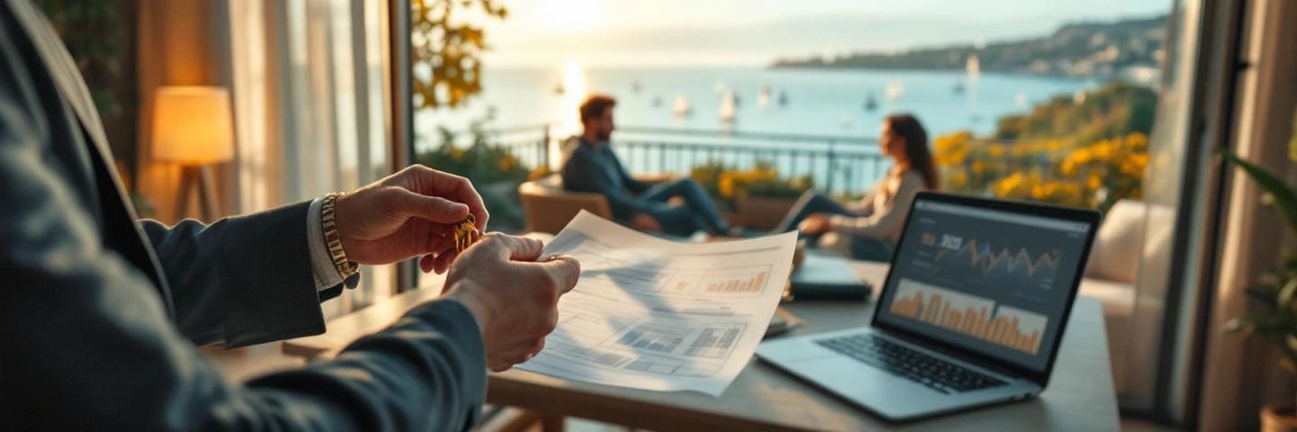 Agent et acheteurs sur balcon, clés en main et vue mer, ambiance concrète et optimiste
