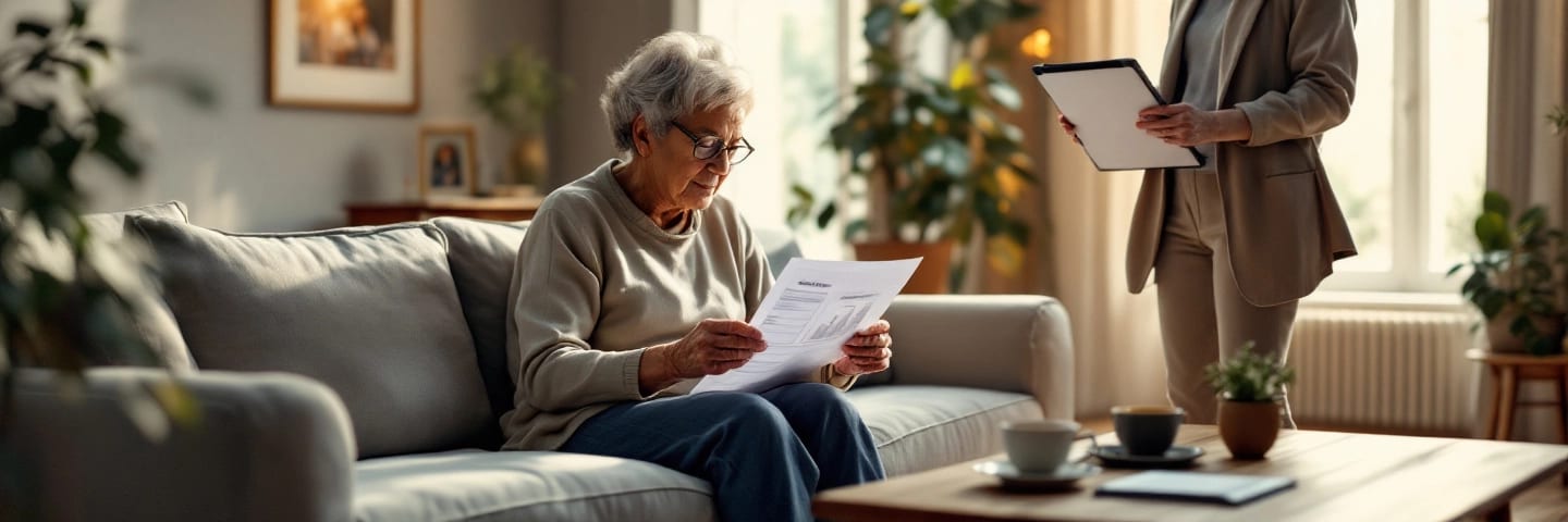 Couple senior à domicile, documents de prêt viager hypothécaire sur la table, ambiance chaleureuse