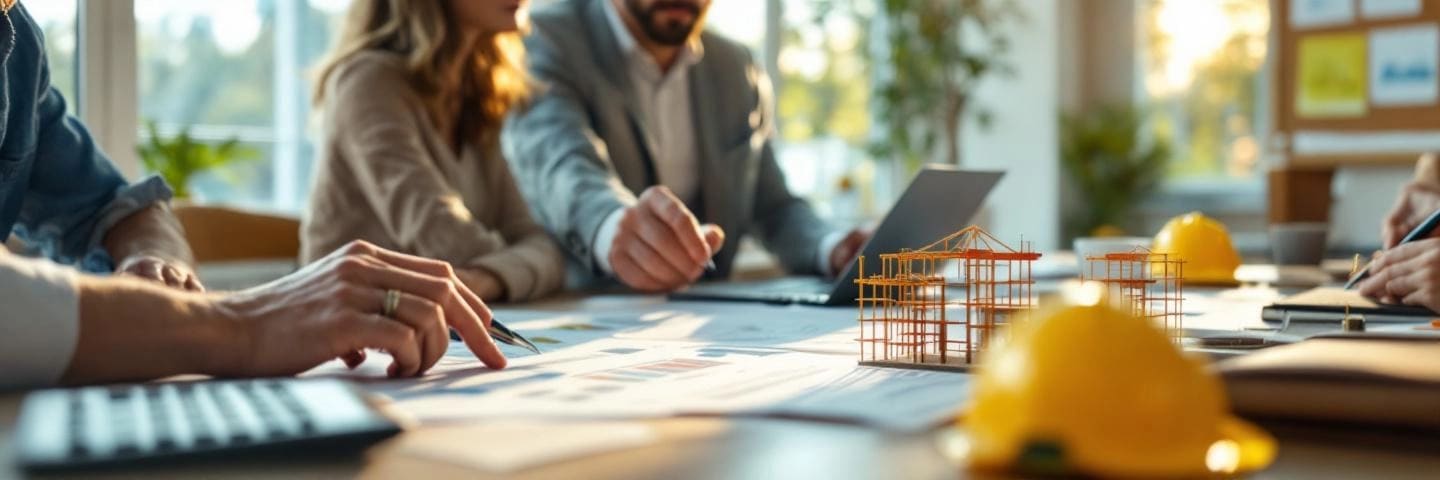 Réunion de copropriétaires autour de documents et d’une maquette, ambiance professionnelle et lumineuse.