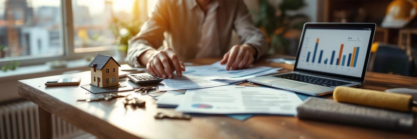 Investisseur examinant des papiers de location dans un T2 rénové, chantier et grue visibles par la fenêtre