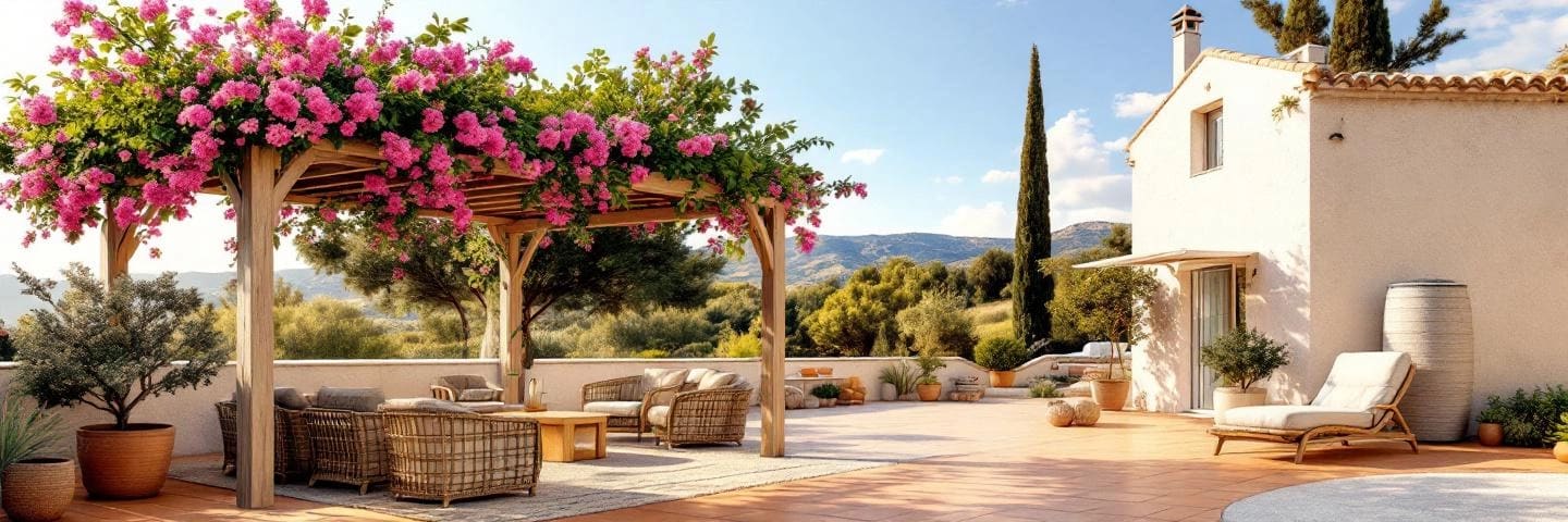 Terrasse ombragée par pergola fleurie, maison en pierres claires, végétation méditerranéenne et citerne.