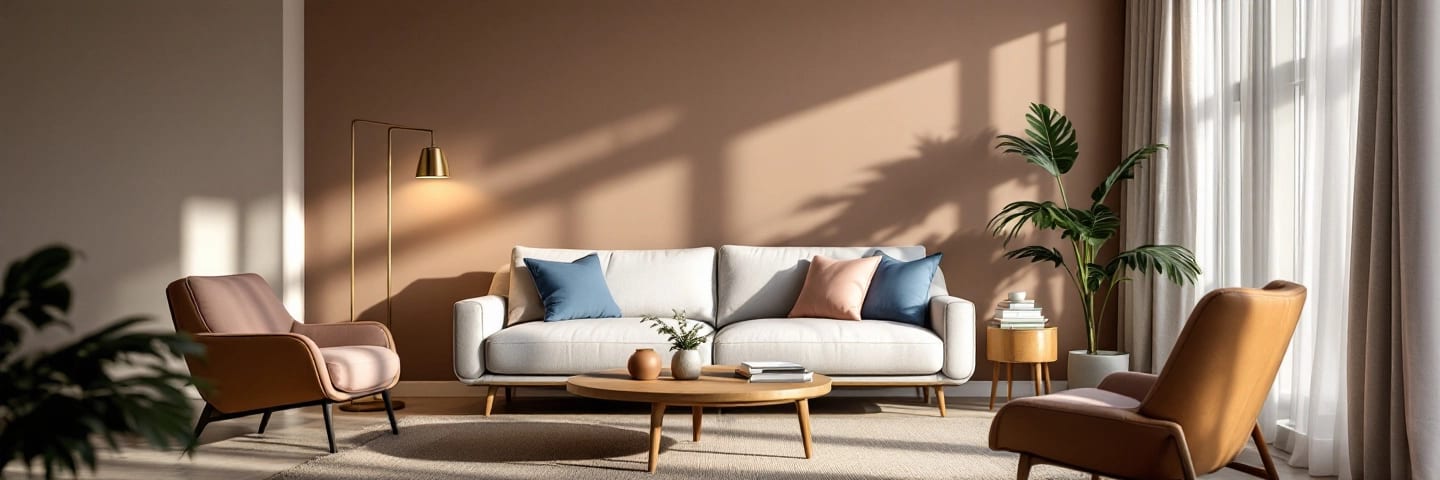 Salon panoramique stylé: mur prune pastel, canapé gris, fauteuil rose poudré, coussin bleu canard, lumière douce.