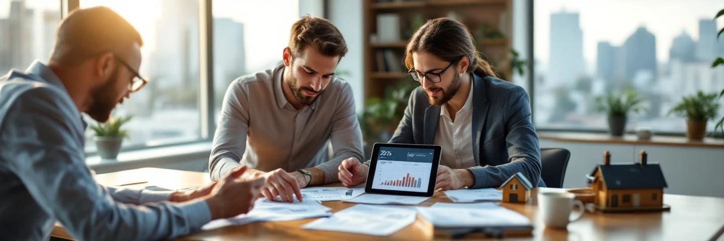 Courtier et couple dans un bureau lumineux, documents de prêt, vue urbaine estivale.