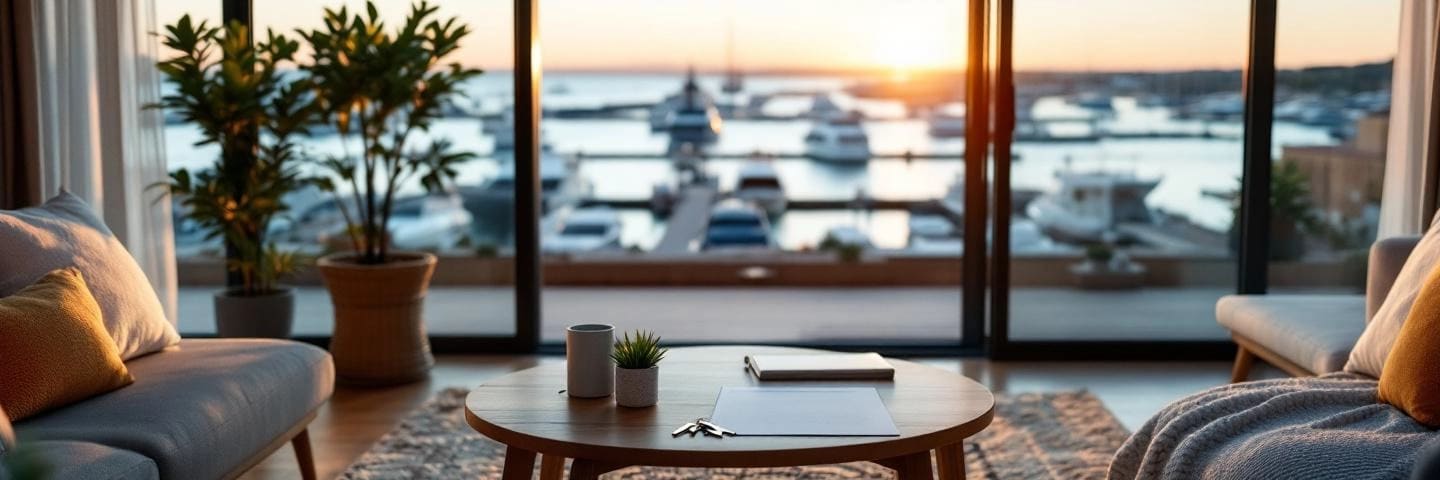 Salon lumineux face au port de Toulon, clés et dossiers sur une table en bois