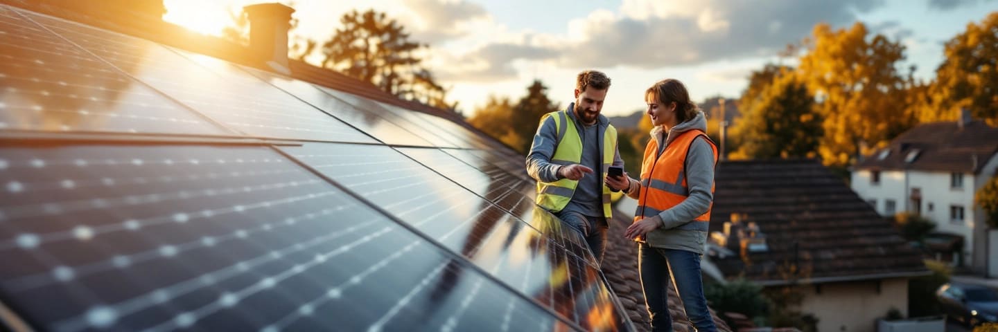 Installateur et propriétaire sur un toit avec panneaux solaires, tablette montrant gestion d'énergie, lumière du matin