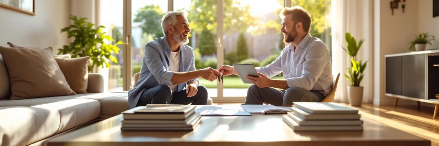 Agent immobilier en visite dans un salon lumineux ouvrant sur un jardin, documents et clés sur la table