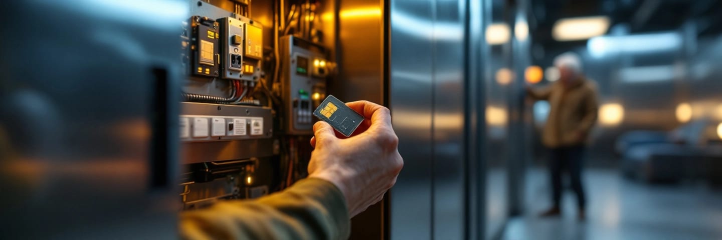 Technicien remplace un module d'alerte d'ascenseur dans un local technique, résident inquiet en arrière-plan.