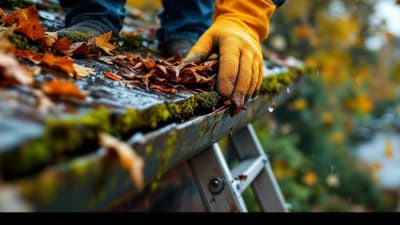Propriétaire sur échelle nettoyant une gouttière remplie de feuilles sous un ciel gris d'automne