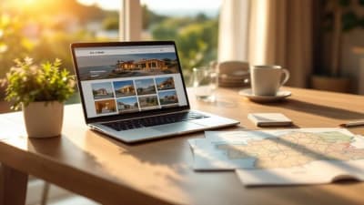 Table à Toulon : ordinateur avec annonces, mains pointant, carte du Var, documents notariaux et café.