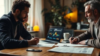 Couple anxieux et notaire autour de documents immobiliers dans un salon lumineux, ambiance rassurante.