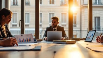 Réunion de copropriété, dossiers DPE et simulations de prêt, vue sur façade avec protections solaires