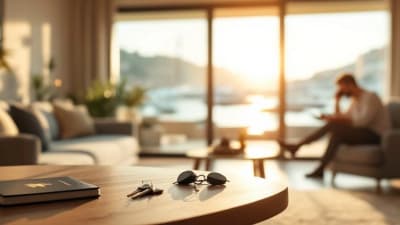 Intérieur d'appartement à Toulon, agenda clés et lunettes de soleil, balcon ouvert sur marina et mer.