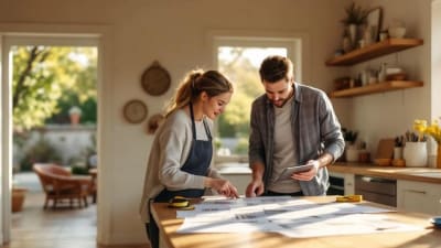 Agent et propriétaire évaluant une maison autour d'un plan et diagnostics, intérieur lumineux et soigné.