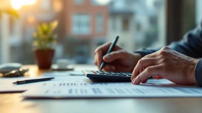 Propriétaire calculant la révision du loyer au bureau, contrat et immeuble en arrière plan