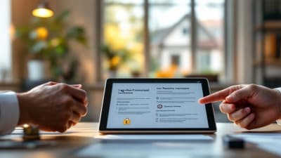 Bureau de notaire, mains signant un acte, tablette affichant un séquestre numérique et maison visible par la fenêtre