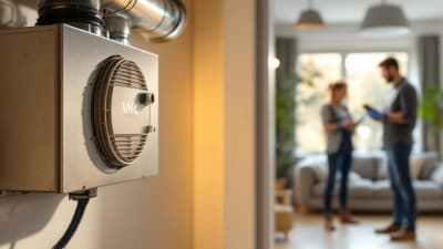 Installateur change le filtre d une VMC double flux dans un placard technique, salon lumineux en arrière plan