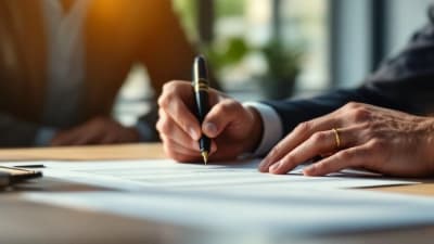 Couple signant un prêt immobilier dans un bureau de courtage moderne, mains et documents en focus