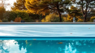 Piscine du Var en hivernage, couverture, flotteurs et technicien vérifiant la pompe.