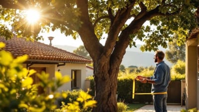Jardin méditerranéen ombragé par un grand arbre, personne mesurant la distance près d'une maison à tuiles.
