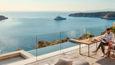 Agent et client sur terrasse d'une villa de prestige face à la Méditerranée au coucher de soleil
