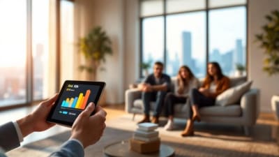 Agent avec tablette montrant interface floue de vente interactive dans un salon lumineux, vendeurs observant.