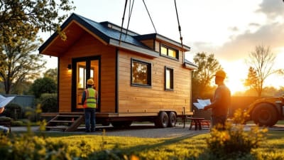 Module tiny house posé dans un jardin au lever de soleil, ouvrier et propriétaire observant l'installation.