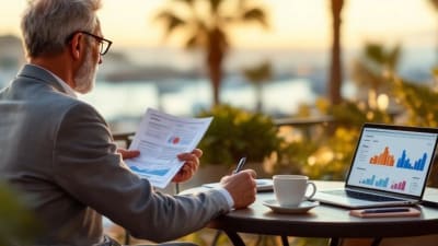 Personne à une terrasse à Toulon, examinant documents et laptop avec graphiques, mer en arrière-plan.