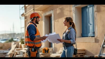 Artisan et propriétaire discutent d'une rénovation devant une façade varoise, matériaux et échelle visibles.