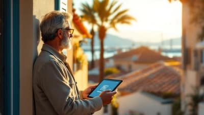 Diagnostiqueur vérifie un QR code sur tablette devant maison typique de Toulon, port flou en arrière-plan