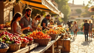 Présentateur itinérant au marché provençal d'Uzès, équipe de tournage en arrière-plan.