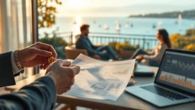 Agent et acheteurs sur balcon, clés en main et vue mer, ambiance concrète et optimiste