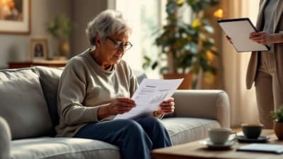 Couple senior à domicile, documents de prêt viager hypothécaire sur la table, ambiance chaleureuse