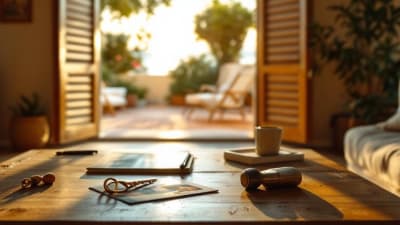 Salon provençal baigné de lumière, clés et photo d'enfance sur une table, terrasse et bougainvilliers en arrière-plan.