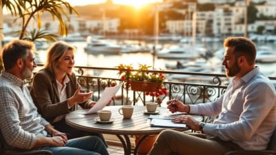 Discussion entre copropriétaires et médiateur sur une terrasse, port de Toulon en arrière-plan