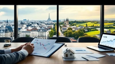 Conseiller immobilier à table, documents et vue panoramique de Paris vers la campagne.