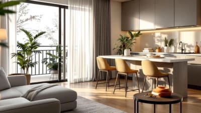 Salon et cuisine mises en scène, lumière douce, touches neutres et détails soignés