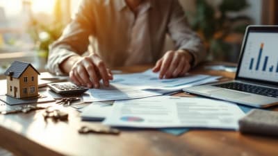 Investisseur examinant des papiers de location dans un T2 rénové, chantier et grue visibles par la fenêtre